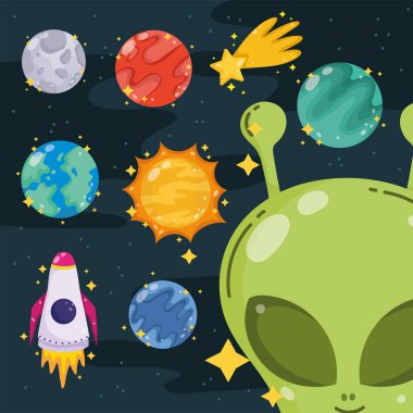 Çizgi film simgelerinde uzaylı gezegen roket uzay astronomisi