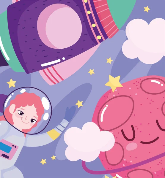 Menina astronauta planeta e ônibus espacial aventura galáxia desenhos animados —  Vetores de Stock