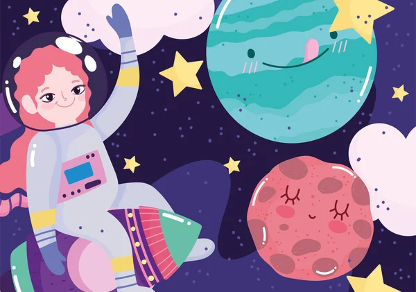 Chica astronauta en cohetes planetas estrellas espacio aventura galaxia dibujos animados — Archivo Imágenes Vectoriales