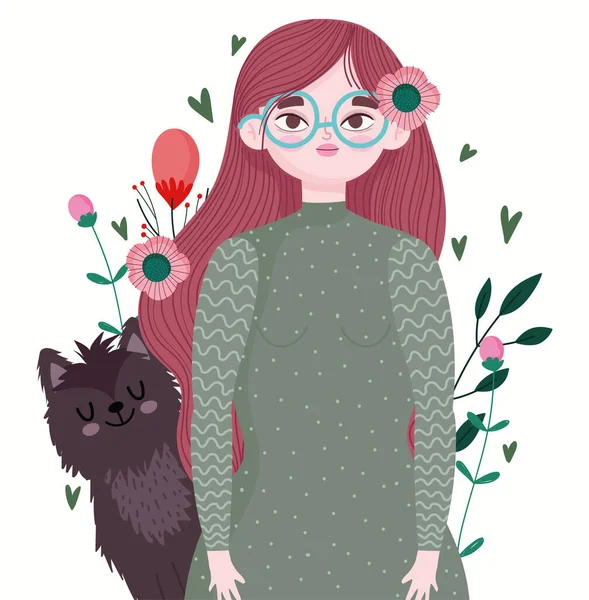 Mulher com óculos e gato animal de estimação desenhos animados e flores —  Vetores de Stock