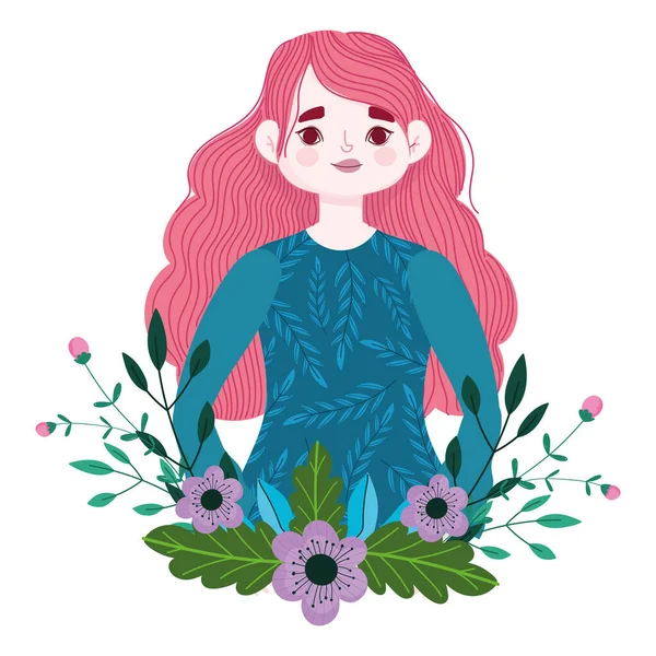 Menina com rosa flores de cabelo longo folhagem decoração desenhos animados —  Vetores de Stock