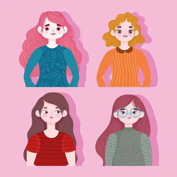 Portrait young women cartoon characters on pink background — Stock Vector