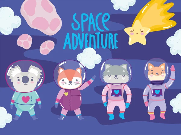 Espace aventure mignon renard chat raton laveur chat avec astronaute costume dessin animé — Image vectorielle