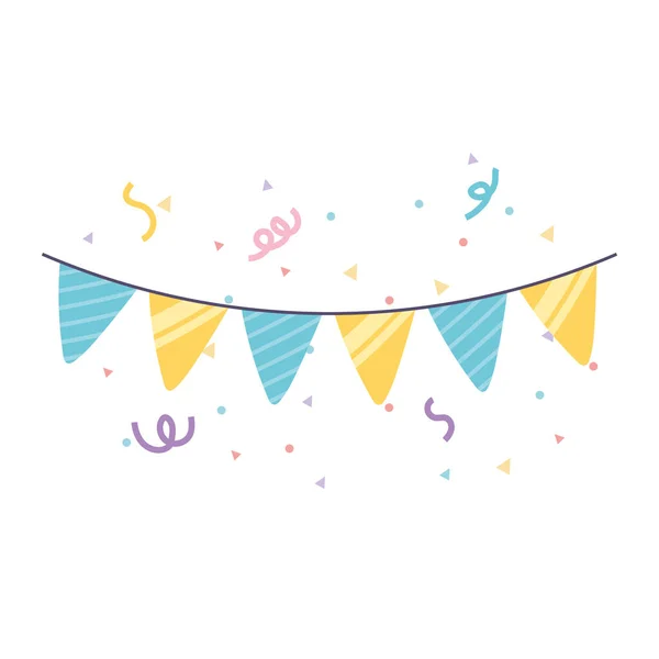 Feliz cumpleaños banderines decoración confeti celebración fiesta de dibujos animados — Vector de stock