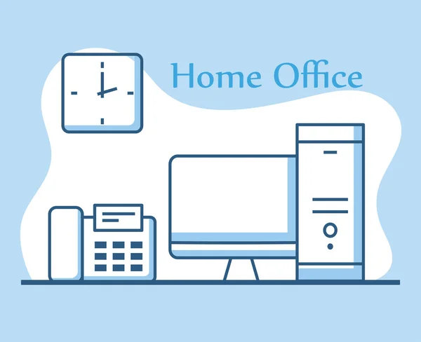 Home office dispositivos de tecnologia computador telefone e estilo linha do relógio — Vetor de Stock