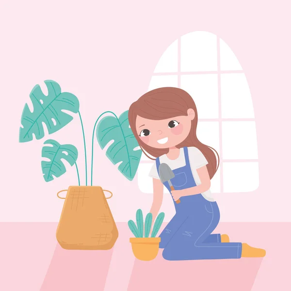 Huis tuinieren, gilr met schop en planten in de kamer — Stockvector
