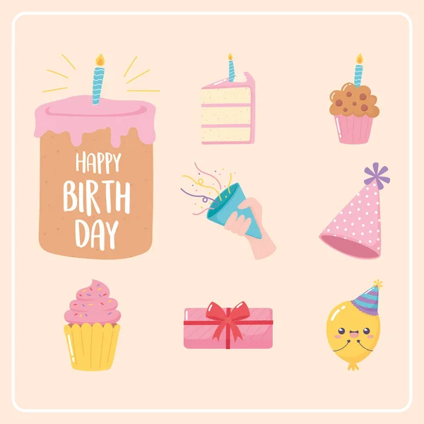 Feliz aniversário, ícones presentes bolo balão cupcake festa cartoon — Vetor de Stock