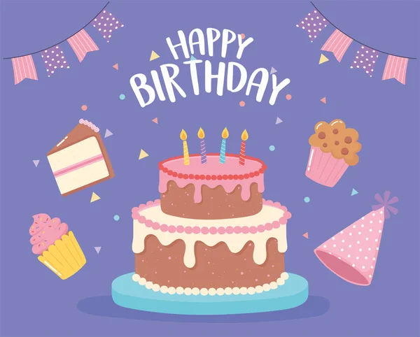 Feliz cumpleaños, tarjeta de invitación con sombreros de pastel y cupcake fiesta de dibujos animados — Archivo Imágenes Vectoriales