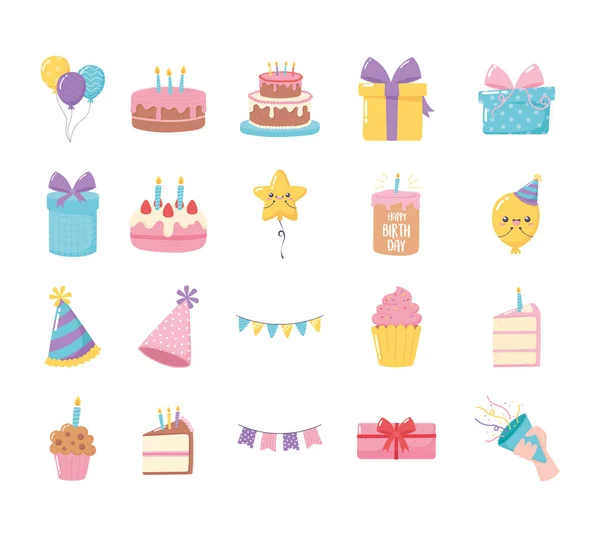 Happy birthday, set icons of cake hat gift boxes cupcake balloons cartoon — Stock Vector
