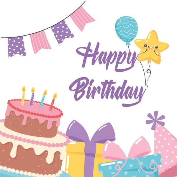 Feliz cumpleaños, pastel regalos globo y banderines fiesta tarjeta — Vector de stock