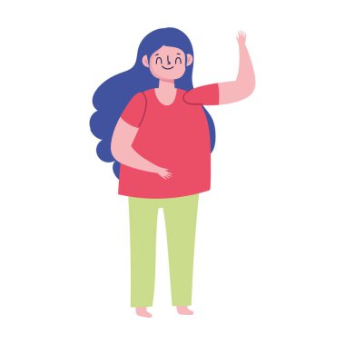 Güzel bir kadın çizgi filmde beyaz arka planda duruyor.