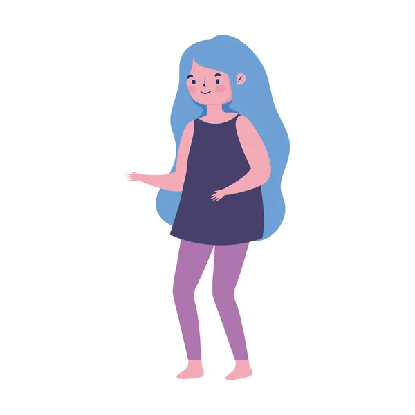 Jovem mulher azul cabelo pé desenho animado isolado fundo branco — Vetor de Stock