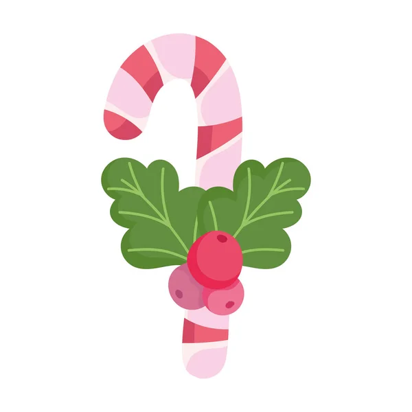 Καλά Χριστούγεννα, ζαχαροκάλαμο καραμέλα με holly berry γιορτή απομόνωση εικονίδιο — Διανυσματικό Αρχείο