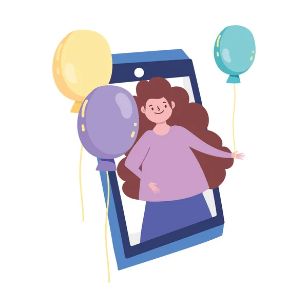 온라인 파티, 여자 비디오 스마트폰 풍선 장식 축하 행사 — 스톡 벡터