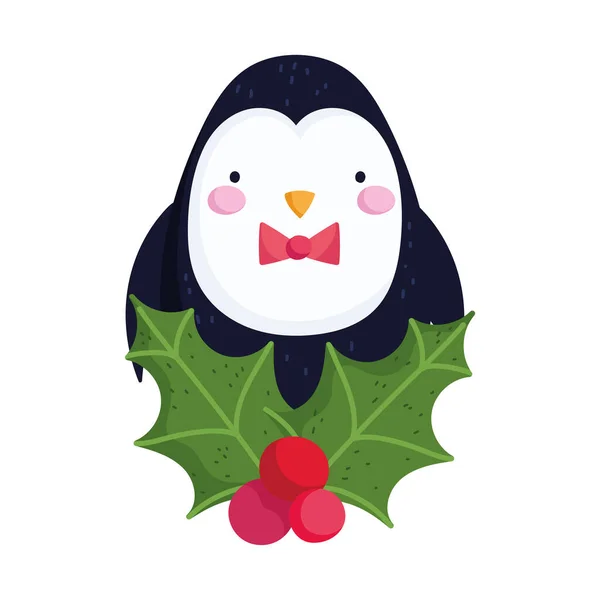 Счастливого Рождества, пингвин с иконой празднования Холли Берри — стоковый вектор