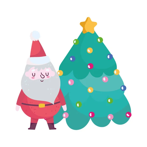 Buon Natale, Babbo Natale con albero cartone animato celebrazione icona isolamento — Vettoriale Stock