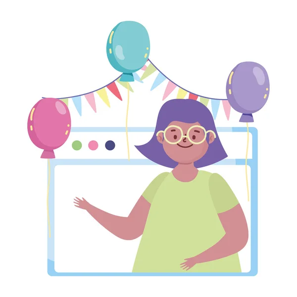 Онлайн-вечірка, дівчина веб-сайт відео зустріч святкування — стоковий вектор