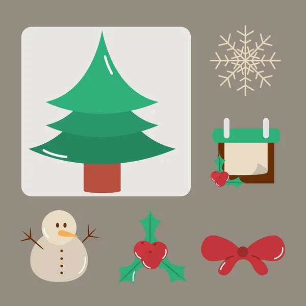 Veselé Vánoce, strom sněhulák luk cesmína bobule dekorace ikony nastavit ploché — Stockový vektor