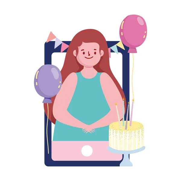 Online πάρτι, κορίτσι σε βίντεο με τούρτα μπαλόνια γιορτή — Διανυσματικό Αρχείο