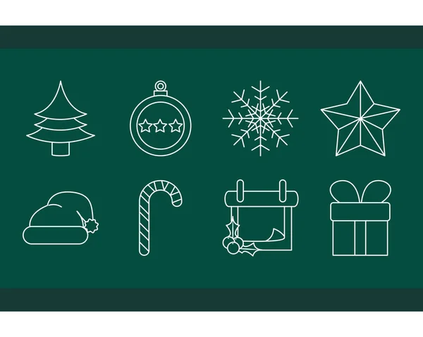 Vrolijk kerstmis, groene achtergrond snoep cadeau hoed sneeuwvlok ster decoratie pictogrammen set lijn stijl — Stockvector