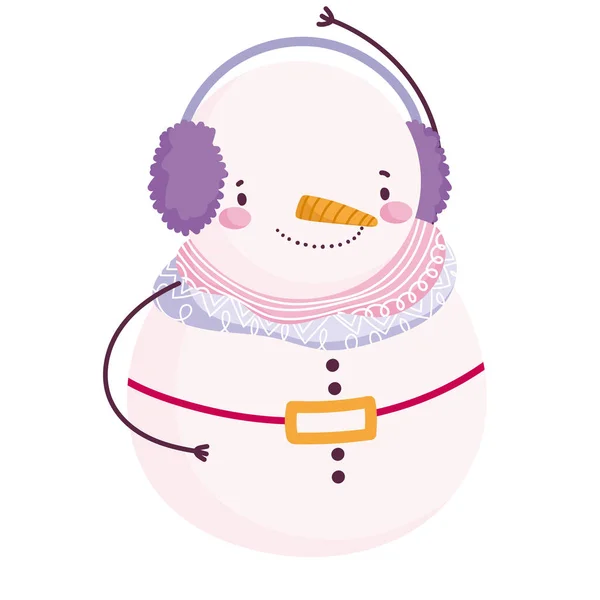 Frohe Weihnachten, niedlicher Schneemann mit Ohrenschützern Feier-Ikone Isolation — Stockvektor