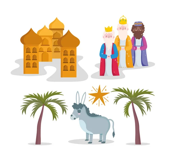 Nativité, mangeoire trois rois sages âne et étoiles icônes de dessin animé — Image vectorielle