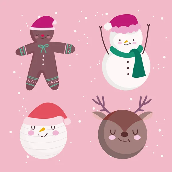 Feliz Navidad ciervo santa muñeco de nieve jengibre hombre decoración ornamento temporada iconos — Archivo Imágenes Vectoriales