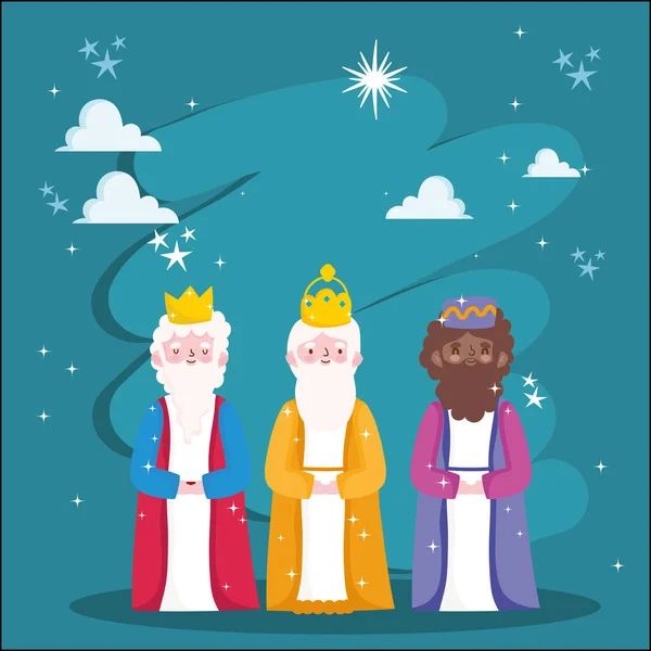 Betlehem, három bölcs király éjszaka csillagok jászol rajzfilm — Stock Vector