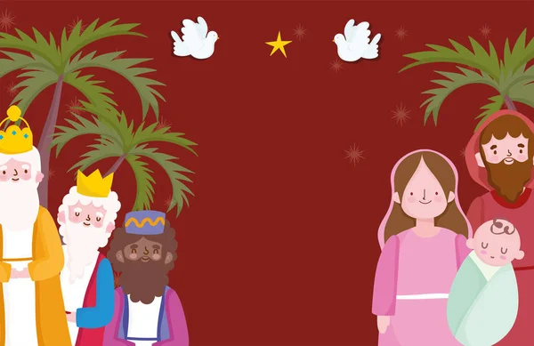 Nativité, mangeoire mignonne Mary Jospeh rois sages et colombes dessin animé — Image vectorielle