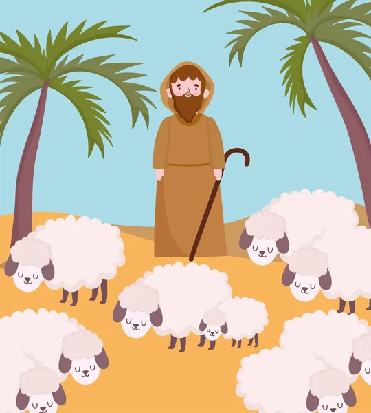 Nativité, berger mangeoire avec des moutons dans le désert dessin animé — Image vectorielle