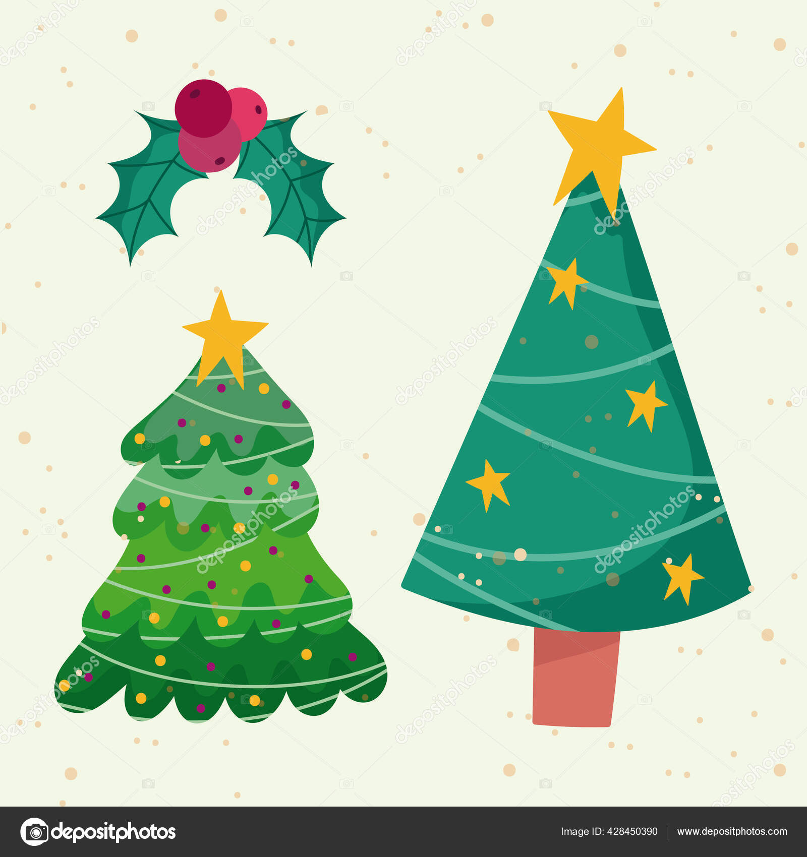 Selamat Hari Natal Pohon Dengan Bintang Bintang Dan Holly Berry Dekorasi Bola Ikon Musim Ornamen Stok Vektor C Stockgiu 428450390