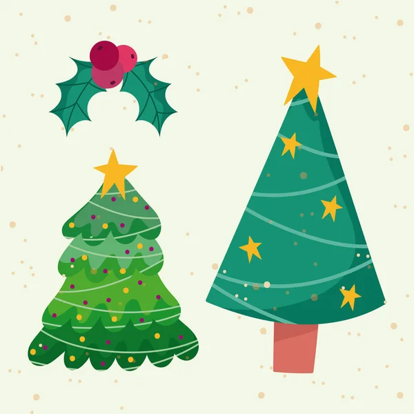 Wesołych Świąt, drzew z gwiazdami i święte jagody ozdoba kula ozdoba sezon ikony — Wektor stockowy