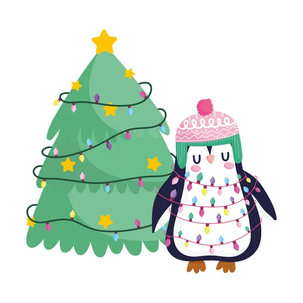 Feliz Navidad, pingüino con luces enredadas y el icono de la celebración del árbol de aislamiento — Vector de stock