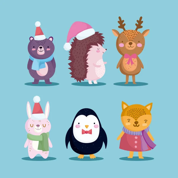 Feliz Natal, ícones conjunto ouriço urso rena pinguim e coelho —  Vetores de Stock