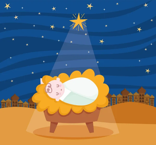 Födelse, krubba baby jesus stjärna öken natt tecknad — Stock vektor
