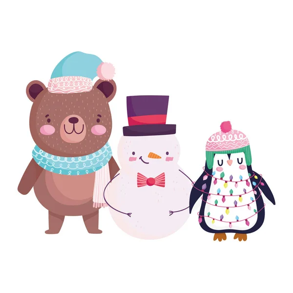 Feliz Navidad, lindo oso muñeco de nieve y pingüino icono de dibujos animados aislamiento — Archivo Imágenes Vectoriales