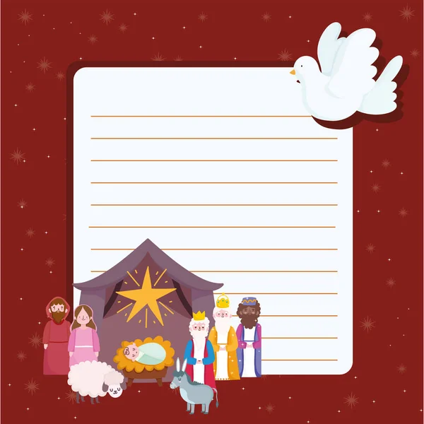 İsa 'nın doğuşu, yemleme karakterleri sahne güvercini ve yıldız çizgi film mektubu — Stok Vektör