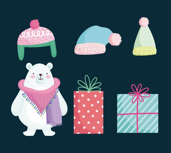 Feliz Navidad, lindo oso polar regalos y sombreros de dibujos animados — Vector de stock