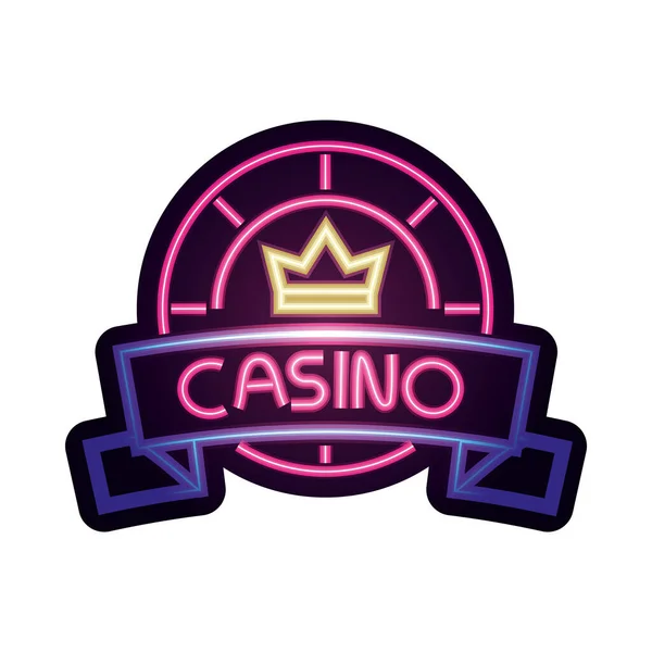 Casino, puce avec couronne de jeu lumineux néon signe — Image vectorielle