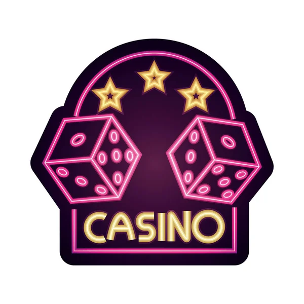 Casino, dice estrelas jogo banner sinal de néon — Vetor de Stock