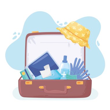 Yeni normal, tıbbi ürünlerle seyahat için bavul, covid 19 'dan sonra.