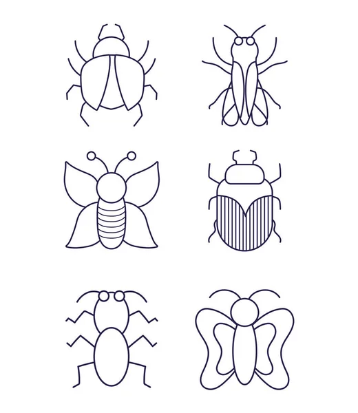 Insectos animales pequeños en iconos de estilo de línea fina — Vector de stock