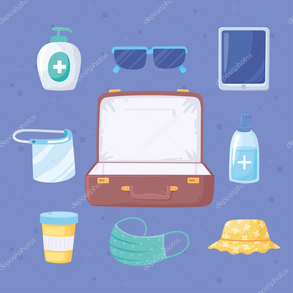 new normal travel suitcase with mask medicine hat glasses and smarthpone