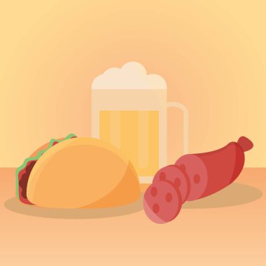 Düz çizgi filmdeki taco birası ve sosis menüsü.