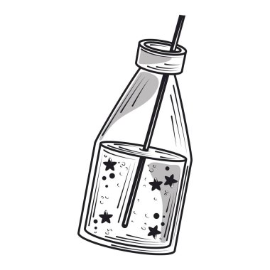 happy birthday bottle juice with straw celebration party, engraving style