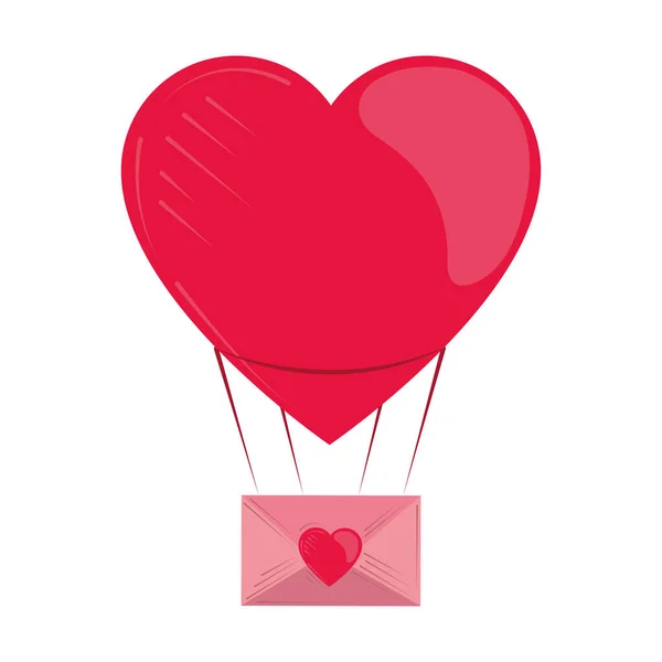 Valentines day, flying balloon heart with envelope romantic design — Stok Vektör