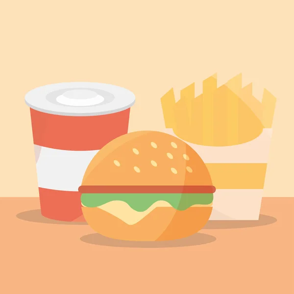 Fast-Food-Burger Pommes frites und Limo-Menü in Cartoon-Wohnung — Stockvektor