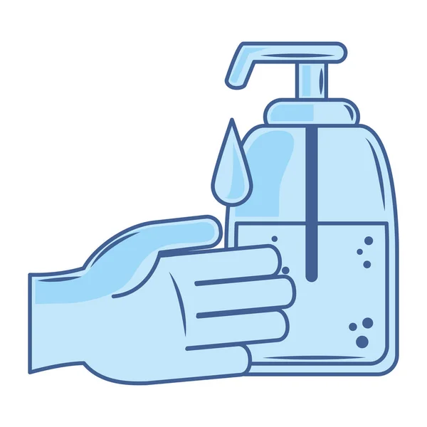 Covid 19 coronavírus investigação aplicar gel desinfetar em mãos ícone azul —  Vetores de Stock