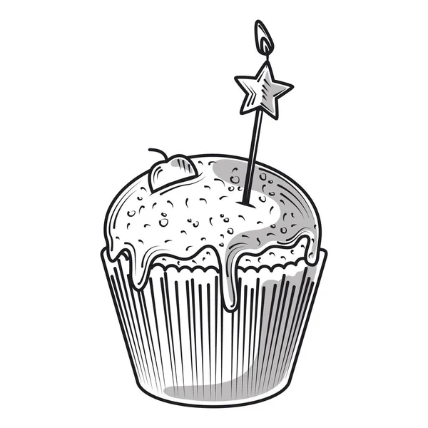 Happy birthday sweet cupcake with star candle celebration party, engraving style — ストックベクタ