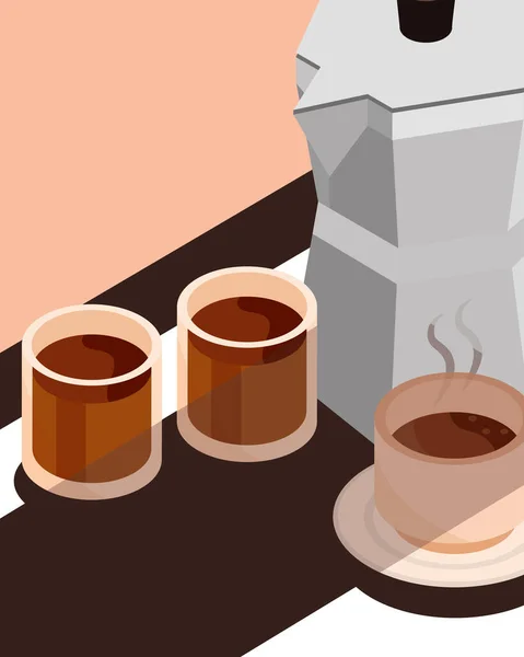 Stampa francese e tazze di caffè che producono icone isometriche — Vettoriale Stock